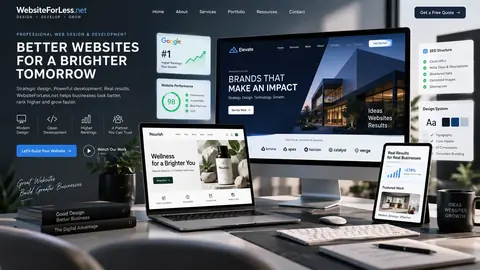 Website design studio workspace showing responsive websites on desktop, laptop and mobile devices